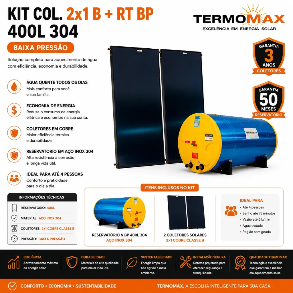 Aquecedor Solar Baixa Pressão, 2 coletores 2x1 Inox + Reservatório Térmico 400L + Acessórios