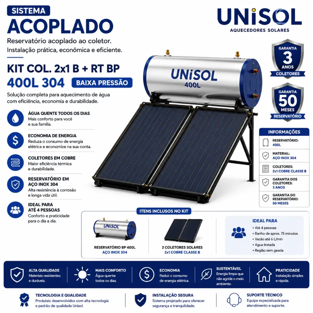 Aquecedor Solar Baixa Pressão, 2 coletores 2x1 Inox + Reservatório Térmico 400L + Acessórios