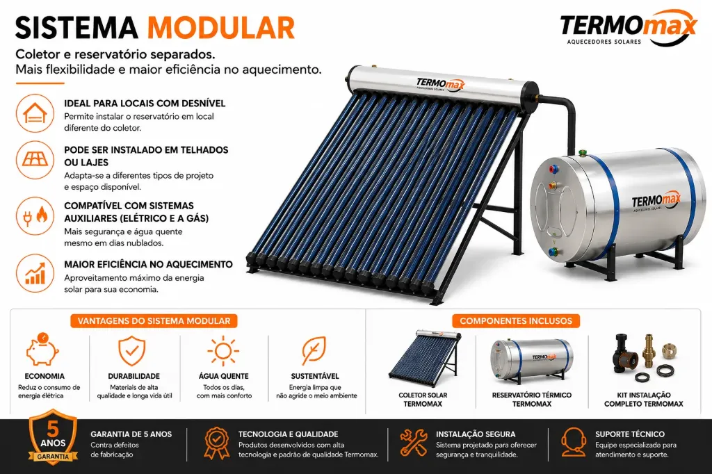 Aquecedor Solar Baixa Pressão 2 Módulos com 20 Tubos a Vácuo + Reservatório Térmico 600L